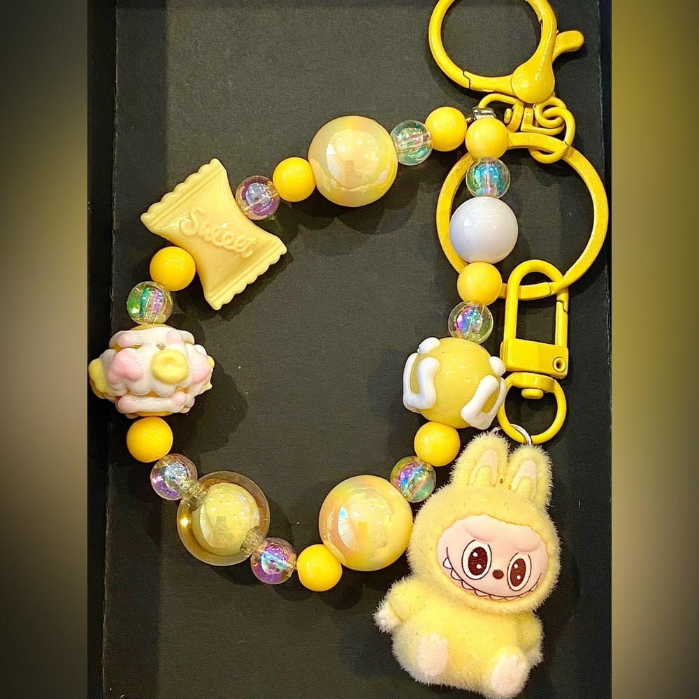 Yellow Beaded Keychain with Cute Labubu Style Charm